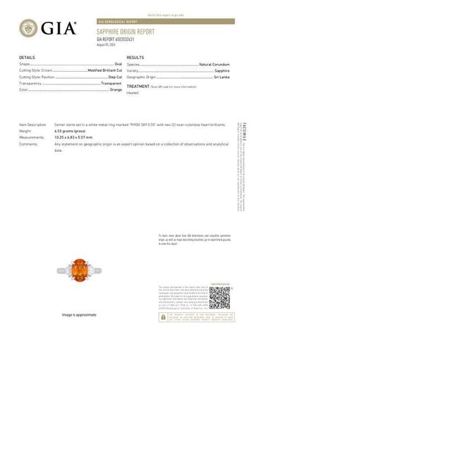 Orange 3.89 Carat Orange Sapphire Diamond Platinum Three-Stone Ring, Gia Certified, Size 7.25 For Sale - Image 8 of 8