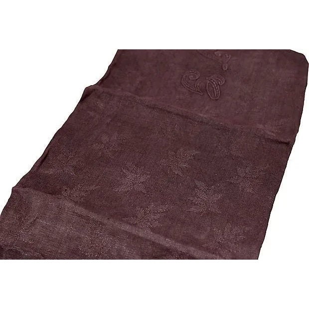 Set of six antique pattern on pattern damask napkins with hand-monogram "JG". Classic European dinner size in dark wine...