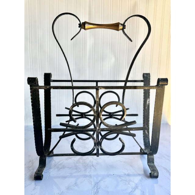 Vintage Mid-Century Wrought Iron Magazine Rack With Brass Handle – Elegant Decorative Storage For Sale - Image 4 of 11