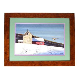 Mid 20th Century Pheasant Approaching Barn in Winter Painting, Framed For Sale