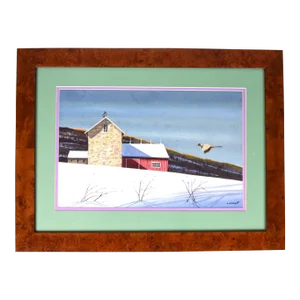 Mid 20th Century Pheasant Approaching Barn in Winter Painting, Framed