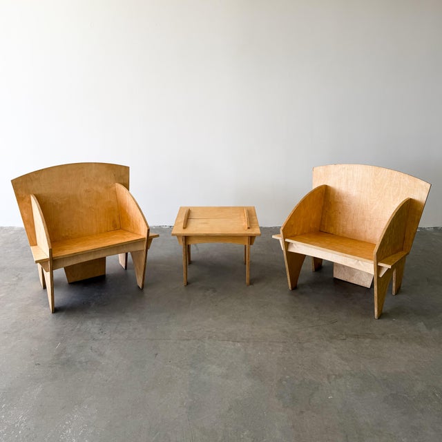 1980s Vintage 1980s Postmodern Plywood Puzzle Chair and Ottoman For Sale - Image 5 of 18