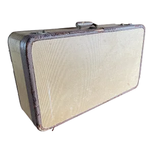Mid-Century Tweed Travel Case Suitcase With Peach Satin Interior