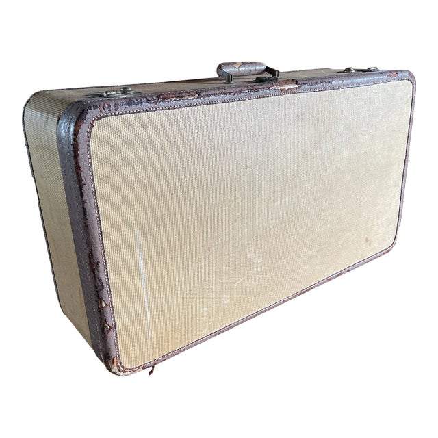 Viintage Suitcase Brown Woven Tweed and Leather Trim For Sale