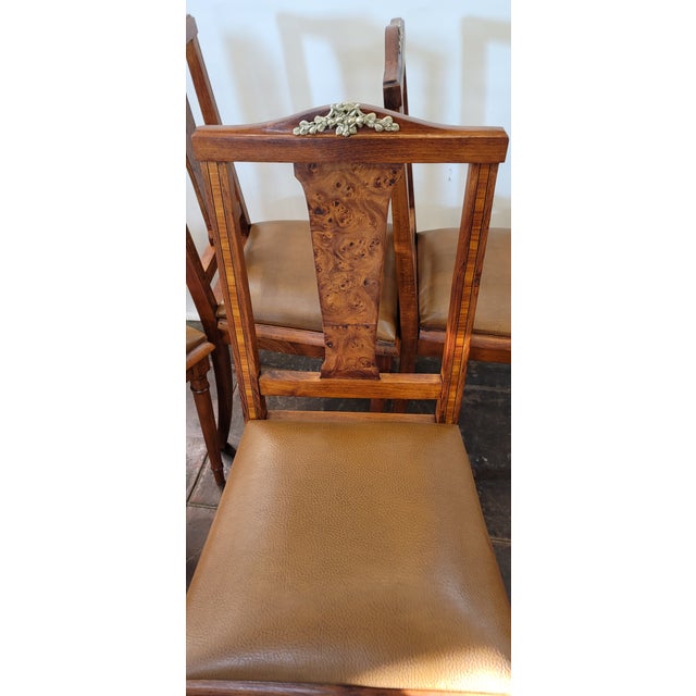 Wood Antique French Empire Napoleonic 4 Dining Chairs Inlaid Wood and Ormolu For Sale - Image 7 of 7