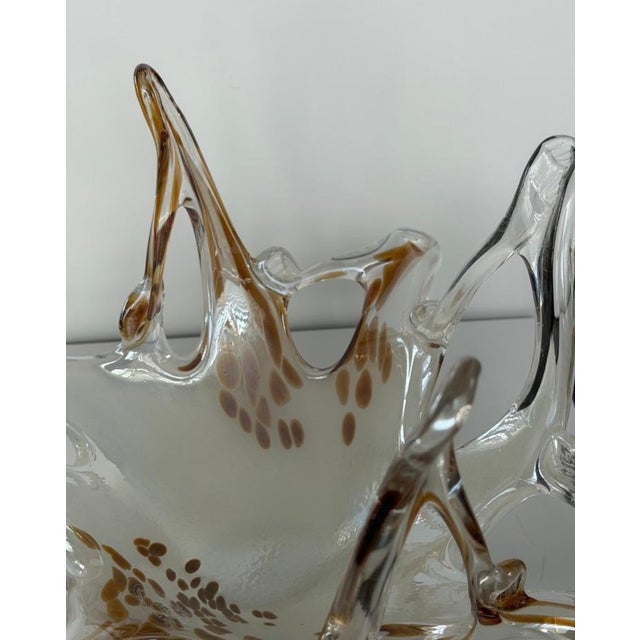 Vintage Murano Italian Art Glass Freeform Centerpiece Bowl Amber Gold Flecks 13” Hand Blown For Sale - Image 11 of 12