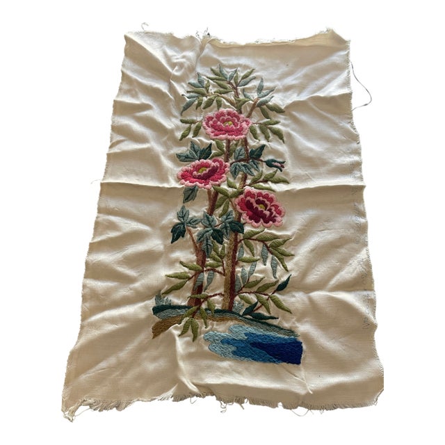 Antique Textile Art Crewel Embroidery on Silk For Sale