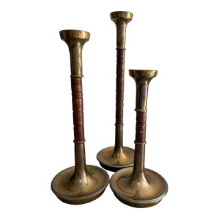 Mid-Century Sarreid Ltd. Wood & Brass Candlesticks For Sale