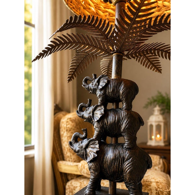 Vintage British Colonial Stacked Elephant Palm Tree Table Lamp For Sale - Image 4 of 12