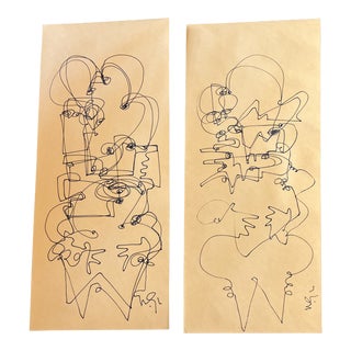 Contemporary Gallery Wall Collection 2 Original Wayne Cunningham Abstract Ink Drawings on Mustard Colored Envelopes- a Pair For Sale