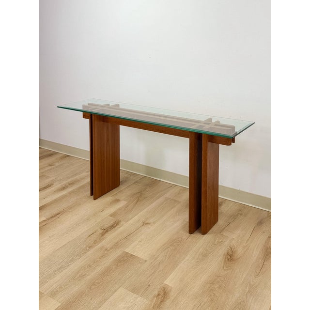 Mid-Century Modern Vintage MCM Danish Teak Puzzle Console Table, Glass Top Mid Century, Entry Table, Danish Modern Sofa Table For Sale - Image 3 of 17