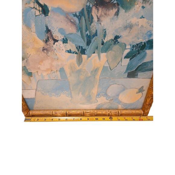 1950s Watercolor Painting Abstract Lt Blue Floral Wood Bamboo Frame Hollywood Regency For Sale - Image 13 of 14