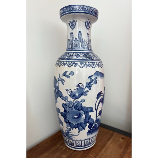 Vintage Hand-Painted Chinoiserie Floor Vase With Blue & White Floral and Avian Motif For Sale - Image 11 of 12