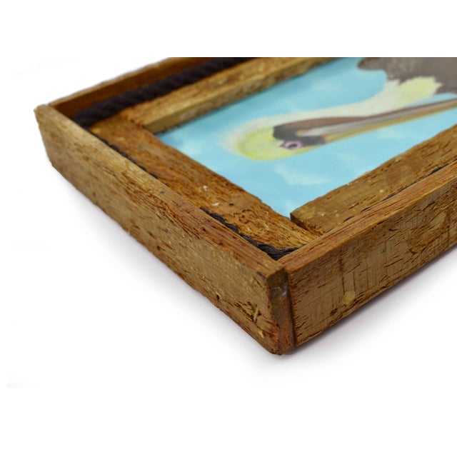 Brown Late 20th Century Print of Coastal Pelican Bird Sitting on a Deck Frame in Lobster Trap Wood Frame For Sale - Image 8 of 8
