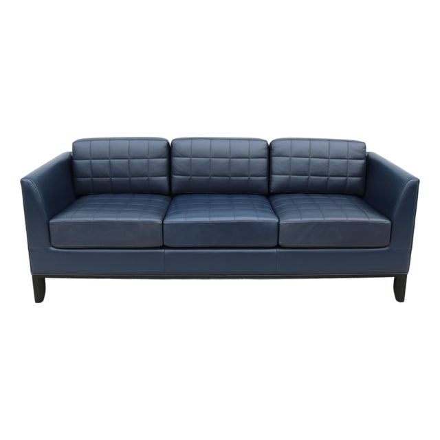 MCM Style Mark Goetz for Bernhardt Design Moreau Sofa in Navy Blue Leather For Sale