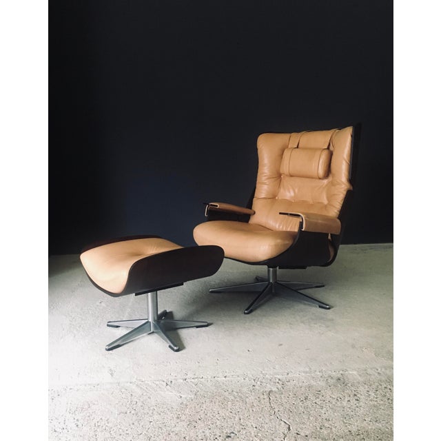 Set of Mid-Century Modern Leather Lounge Chair and Ottoman, Germany, 1960s For Sale - Image 4 of 18