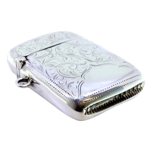 Silver Matchbox with Engraved Florals and Monogram Card For Sale