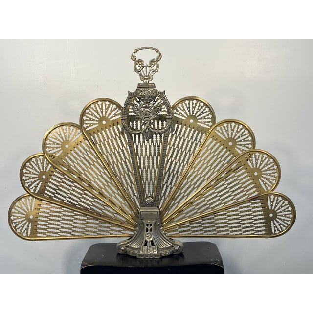 Antique Brass Fireplace Fan Screen – Folding Peacock Style With Patina For Sale - Image 15 of 18