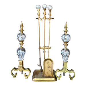 Mid Century Pair of American Solid Brass and St. Clair Glass Infused With White Flowers Andirons and Fireplace Tools Set - 6 Piece Set