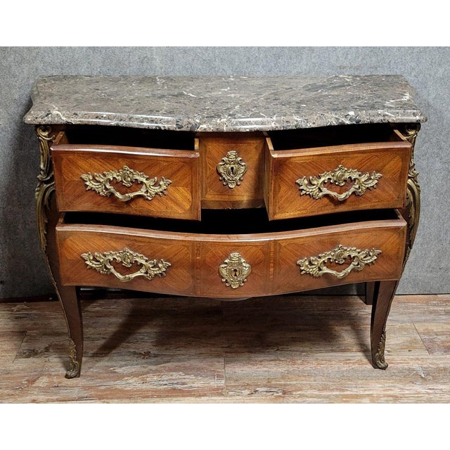 Wood Louis XV Style Bombé Commode in Marquetry For Sale - Image 7 of 9