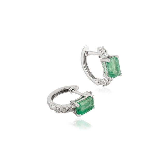 Not Yet Made - Made To Order 1.3Ct Natural Emerald-Cut Emerald & Diamond Hoop Earrings in 14k White Gold- A Pair For Sale - Image 5 of 13
