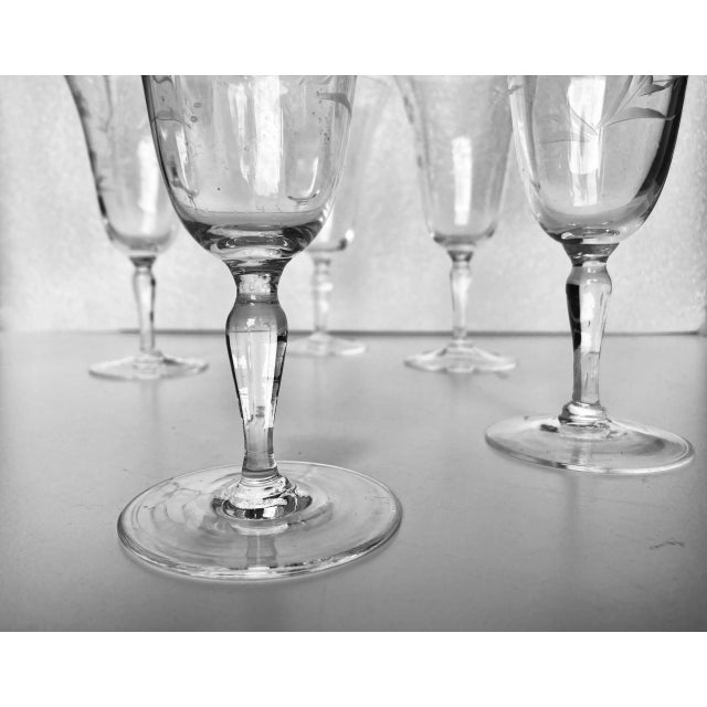 Vintage Clear Floral Etched Wine Glasses 6.25”H X 3.0”D, No makers mark in excellent condition.
