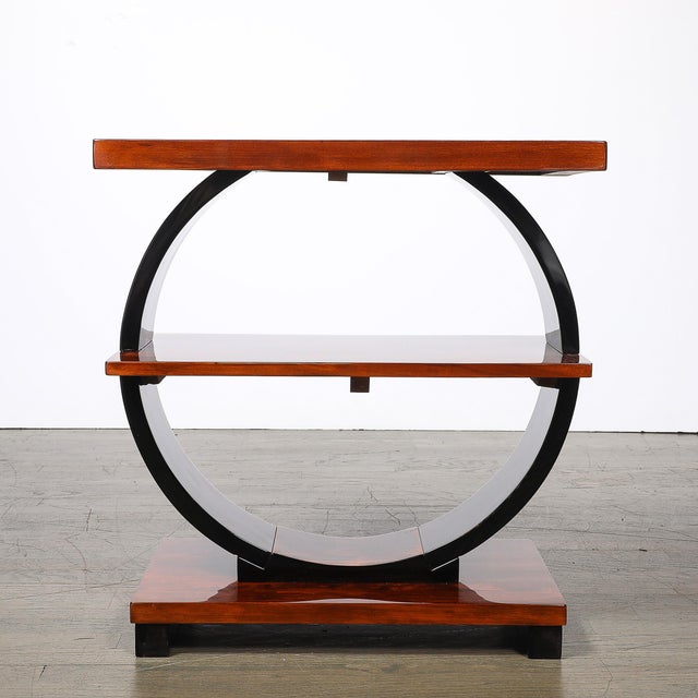 Art Deco Machine Age 3-Tier Walnut Side Table W/ Black Lacquer Round Support For Sale - Image 13 of 14