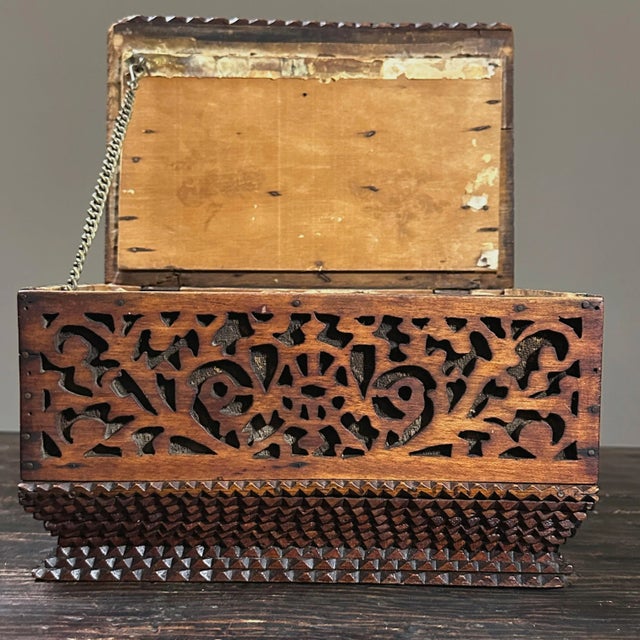 Wood Antique 19th C. Double Lid Tramp Art Box With Hand Carved Fretwork/Folk Art For Sale - Image 7 of 13
