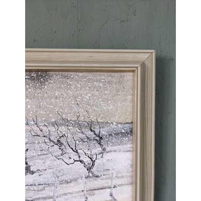 Textile Mid-Century Modern Swedish "Snowfall" Vintage Winter Landscape Oil Painting, Framed For Sale - Image 7 of 10