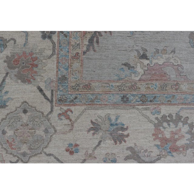 2020s Large Oushak Rug With Floral Motifs & Muted Colorful Tones on Neutral Background For Sale - Image 9 of 13