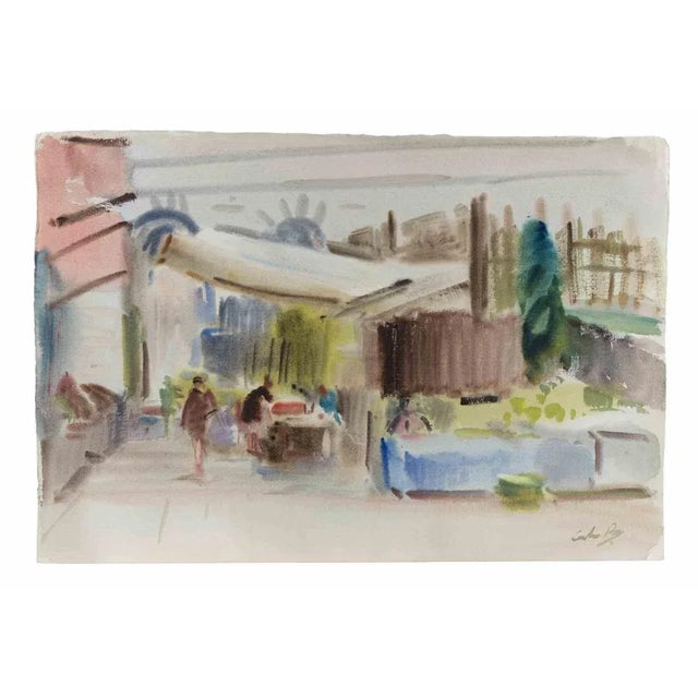 Modern Carlo Ravagnan, Market in Venice, Watercolor, 1970s For Sale - Image 3 of 3