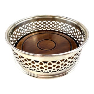 Vintage Mid Century Modern Silverplate Pierced Gallery Wine & Decanter Coaster With Wood Base For Sale