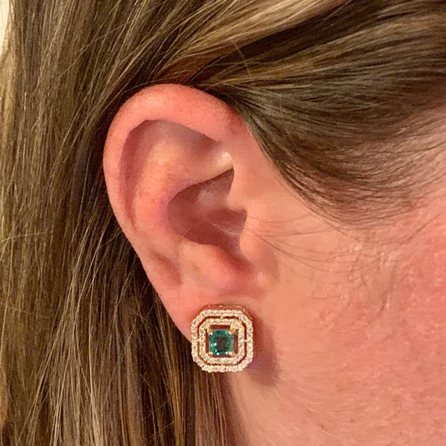 Natural Emerald Diamond Earrings 14k Gold 1.52 TCW Certified For Sale - Image 4 of 12