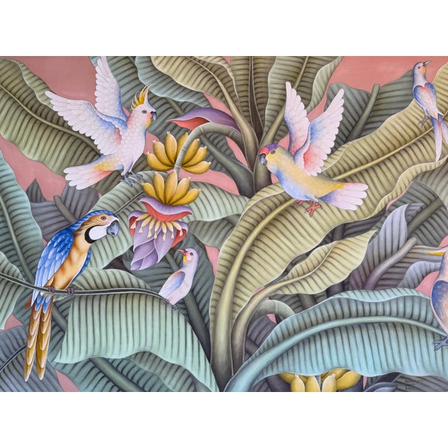 Oversize- Vintage Balinese Tropical Birds & Banana Leaf Acrylic Painting on Canvas For Sale - Image 11 of 14