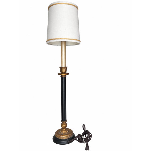 Black Black and Gold Neoclassical Candlestick Table Lamp With Braided-Trim Shade For Sale - Image 8 of 11