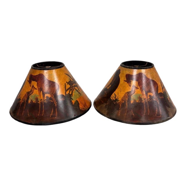 Vintage Hand Painted Safari Paper Lampshades With Craquelure Finish - a Pair For Sale