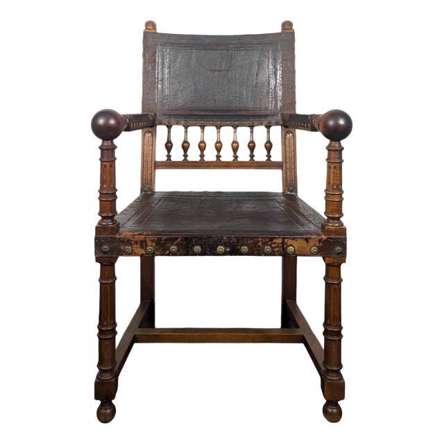 Renaissance Style Leather Armchair For Sale