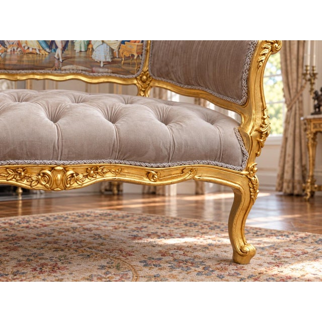 1975 French Artisan Louis XVI Gold Velvet Settee For Sale - Image 6 of 8