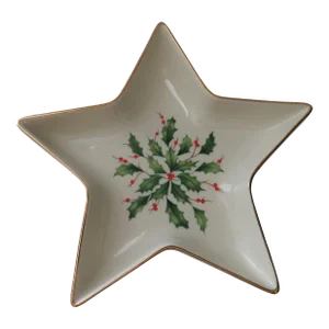 Late 20th Century Christmas Holly Holiday Lenox Star Candy Nut Dish Gold Trim
