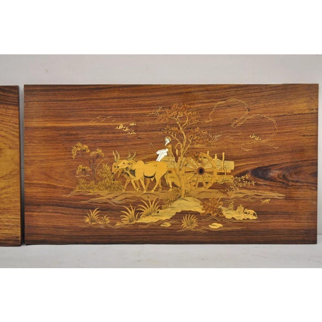 Traditional Vintage Indo Indian Marquetry & Bone Inlay Rosewood Panel Plaque - a Pair For Sale - Image 3 of 12
