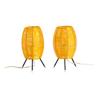 Mid-Century Modern Tripod Raffia Table Lamps, 1950s, Set of 2 For Sale