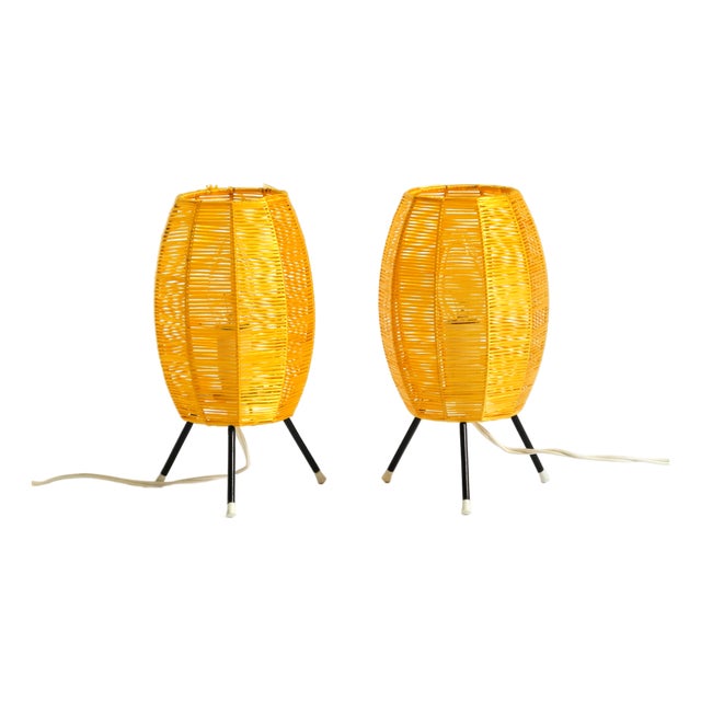 Mid-Century Modern Tripod Raffia Table Lamps, 1950s, Set of 2 For Sale