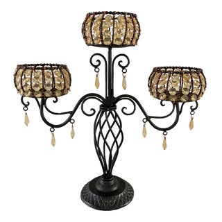 Late 20th Century Triple Sconce Bejeweled Iron Pedestal Candelabra For Sale