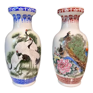 Vintage Pair of Porcelain Vases with Hand-Painted Exotic Birds Peacock & Cranes