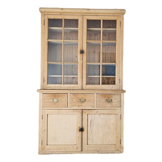 Antique English Pine Glass Door Hutch Bookcase Cabinet | Circa 1880 For Sale