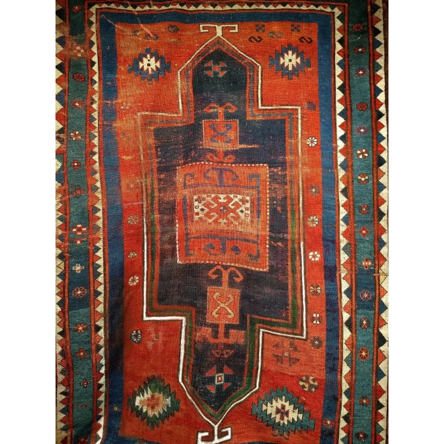 Tribal Antique Fachralo Kazak Prayer Rug, Handwoven Wool, Persimmon & Green, 4' X 6' For Sale - Image 3 of 8
