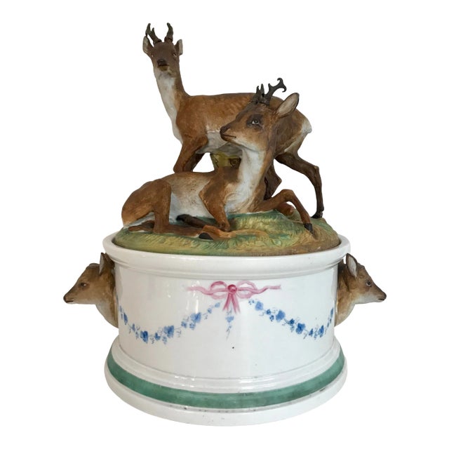 Antique Bavarian Bisque Deer Lidded Dish For Sale