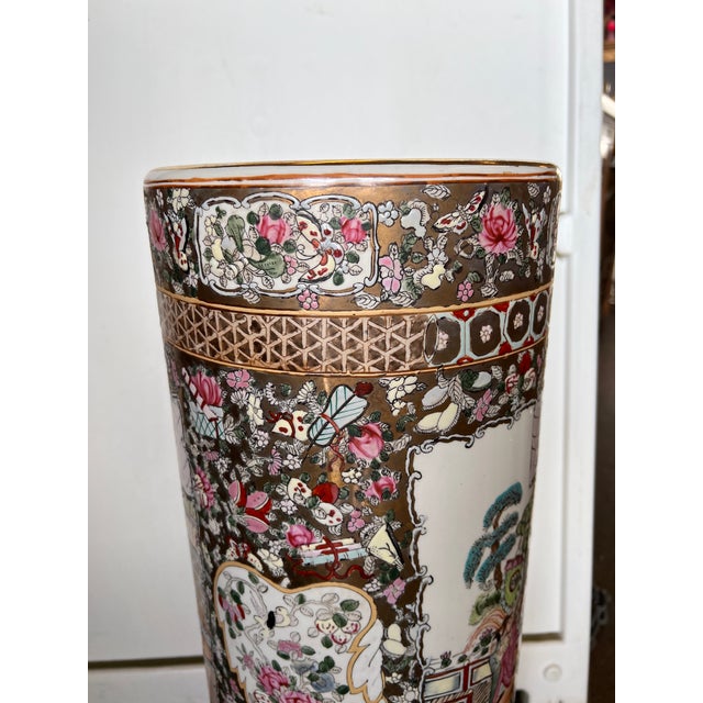 Gold Mid Century Asian Umbrella/Cane Stand With Gold Accents Rose Medallion Style For Sale - Image 8 of 13