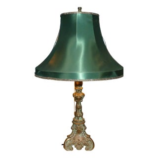 Vintage Table Lamp in Brass and Dark Green Satin Shade, 1920s For Sale
