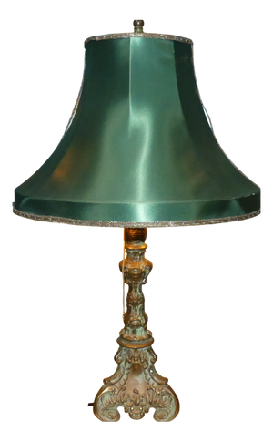 Vintage Table Lamp in Brass and Dark Green Satin Shade, 1920s